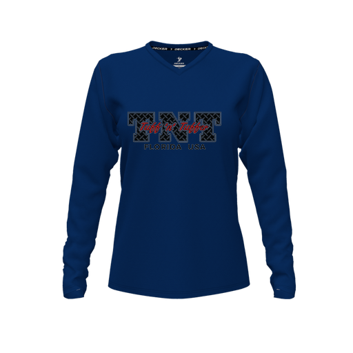 [CUS-DFW-TEES-CMF-VNK-LSL-NVY-FYXS-LOGO1] Comfort T-Shirt (Female Youth XS, Navy, V Neck, Logo 1, Long Sleeve)