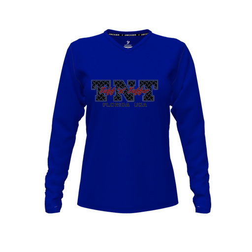 [FTLVCFRY-FYXS-LOGO1] Decker Comfort T-Shirt (Female Youth XS, Royal, V Neck, Logo 1, Long Sleeve)