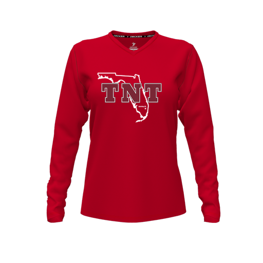 [CUS-DFW-TEES-CMF-VNK-LSL-RED-FYXS-LOGO2] Comfort T-Shirt (Female Youth XS, Red, V Neck, Logo 2, Long Sleeve)