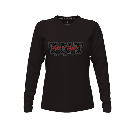 [CUS-DFW-TEES-PER-VNK-LSL-BLK-FYXS-LOGO1] Performance T-Shirt (Female Youth XS, Black, V Neck, Logo 1, Long Sleeve)