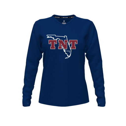 [CUS-DFW-TEES-PER-VNK-LSL-NVY-FYXS-LOGO2] Performance T-Shirt (Female Youth XS, Navy, V Neck, Logo 2, Long Sleeve)