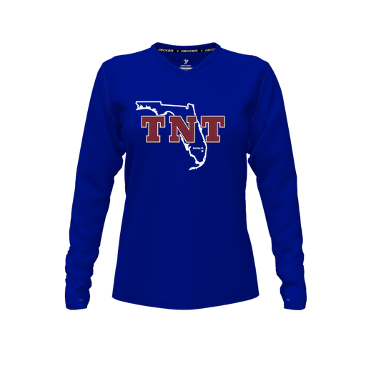 [FTLVPTRY-FYXS-LOGO2] Decker Performance T-Shirt (Female Youth XS, Royal, V Neck, Logo 2, Long Sleeve)