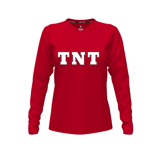 [CUS-DFW-TEES-PER-VNK-LSL-RED-FYXS-LOGO3] Performance T-Shirt (Female Youth XS, Red, V Neck, Logo 3, Long Sleeve)